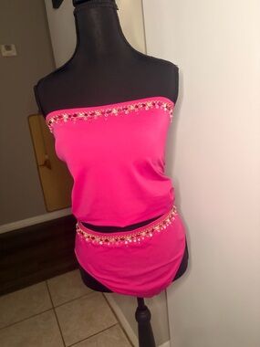 Flashy pink Y2K strapless beaded high waisted bling tankini set